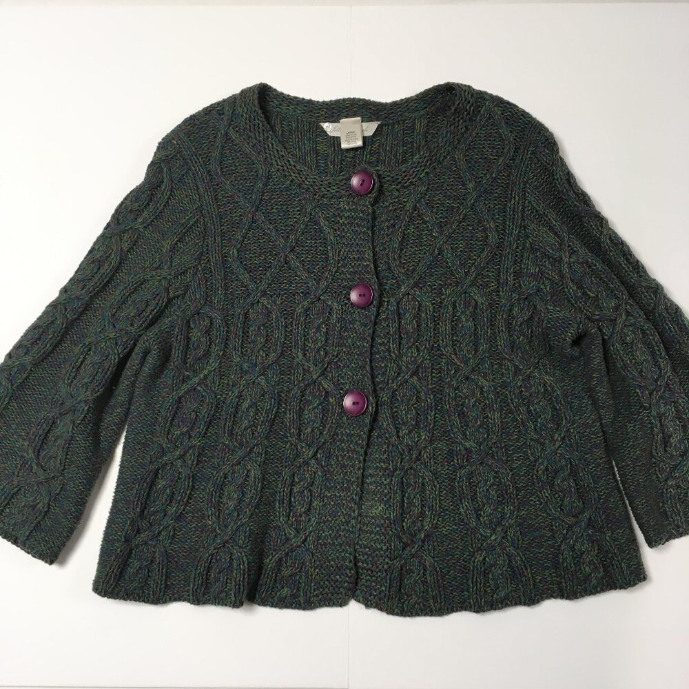 Jillian & Nicole Cardigan Cable Knit Size L Green Purple Cute Boho Layer Texture